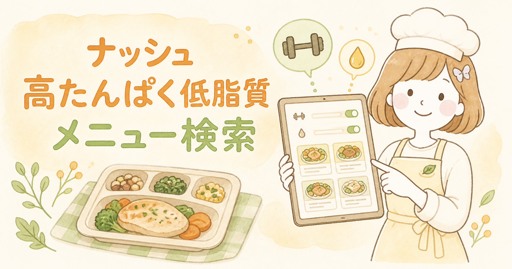 ナッシュの高たんぱく低脂質メニューを検索する管理栄養士コスモスのイラスト