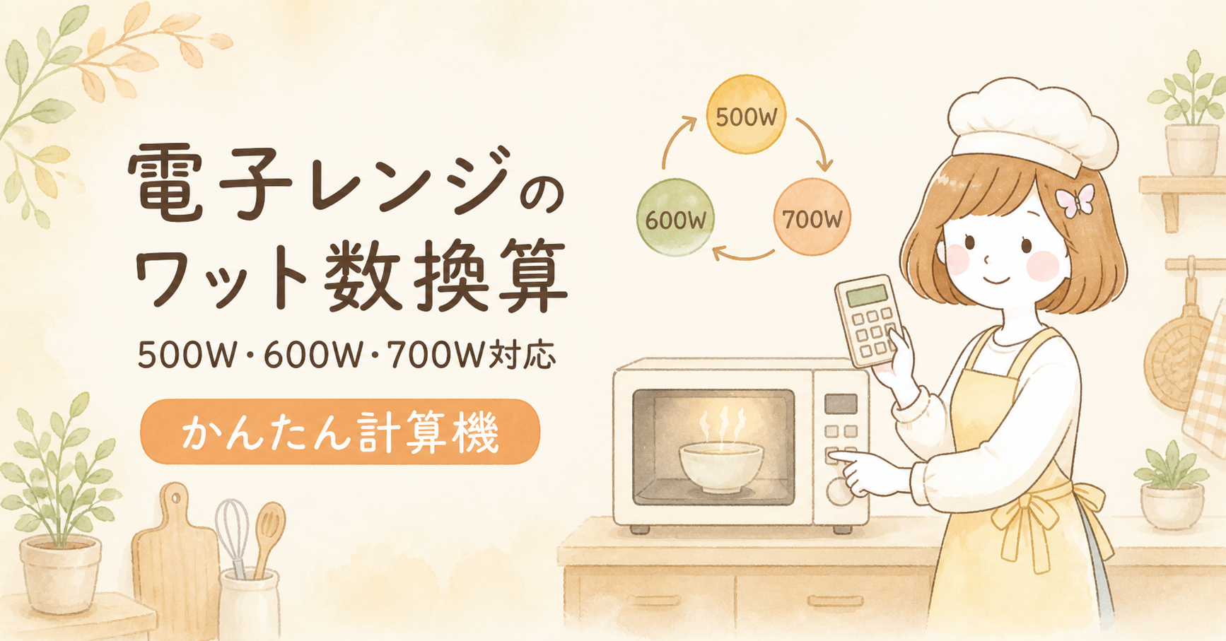 電子レンジのワット数換算計算機を使う管理栄養士コスモスのイラスト